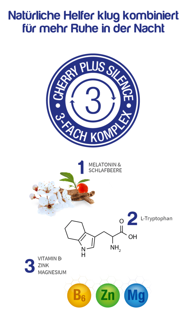 Der dreifach Komplex von Cherry PLUS Silence mit Melatonin, L-Tryptophan, Vitamin B, Zink und Magnesium