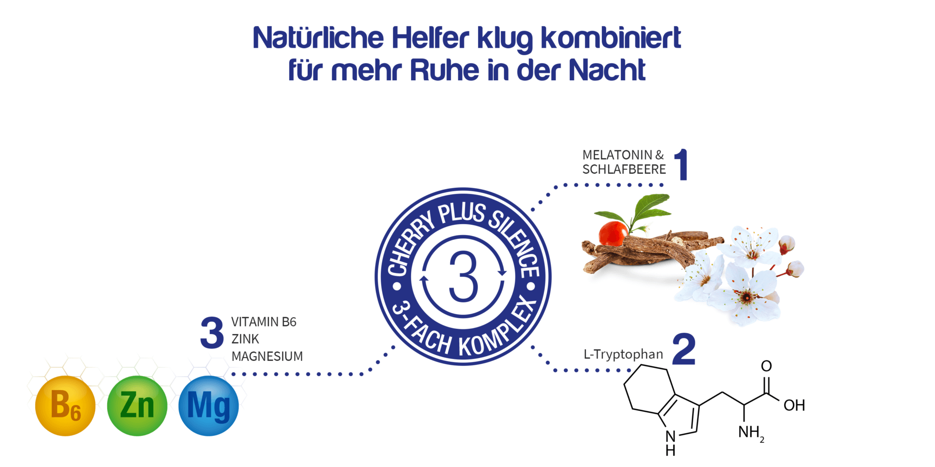 Der dreifach Komplex von Cherry PLUS Silence mit Melatonin, L-Tryptophan, Vitamin B, Zink und Magnesium