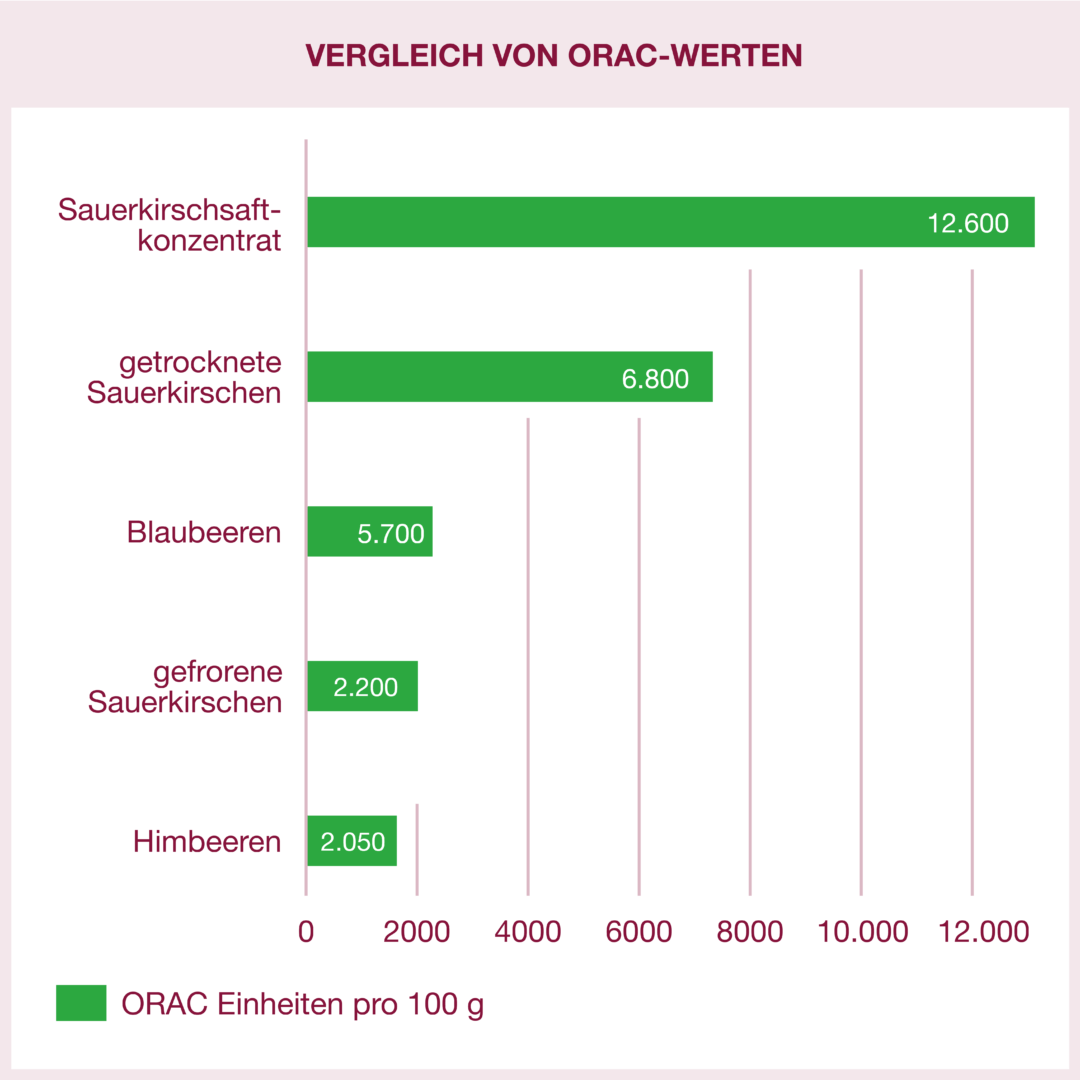 Vergleich von ORAC-Werten: Sauerkirschkonzentrat hat den höchsten Wert mit 12600